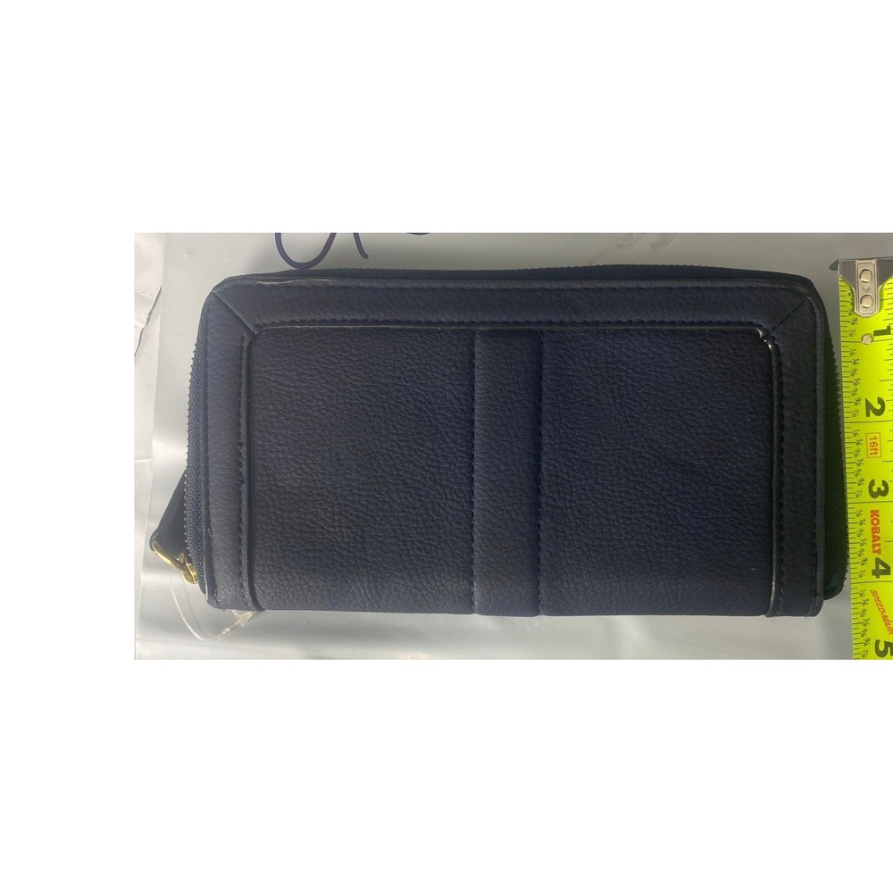 Navy Blue Pebbled Faux Leather Zip Around Continental Wallet Gold Tone Hardware
